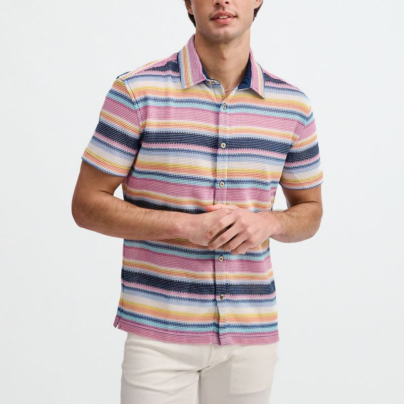 NAVY/PINK ENGINEERED STRIPE OPEN KNIT SHORT SLEEVE SHIRT ST-24075