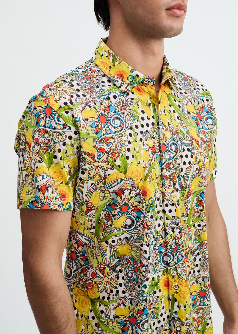 YELLOW/GREEN FLORAL DOTS PRINTED COTTON KNIT JERSEY SHORT SLEEVE SHIRT ST-9365