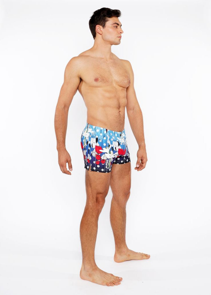 CLOUD/NAVY DOTS FLORAL PRINTED SWIM SHORT W/MESH BRIEF LINING ST-8024-02