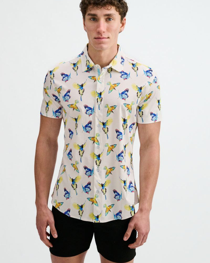 BLUE/YELLOW BIRDS PRINTED COTTON KNIT JERSEY SHORT SLEEVE SHIRT W/PLACKET DETAIL ST-9359