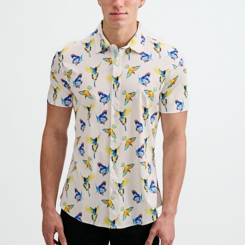 BLUE/YELLOW BIRDS PRINTED COTTON KNIT JERSEY SHORT SLEEVE SHIRT W/PLACKET DETAIL ST-9359