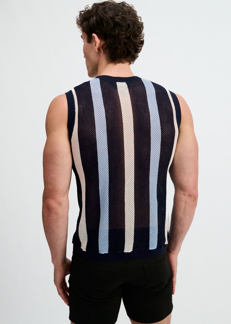 NAVY TEXTURED STRIPE OPEN KNIT VEST ST-24311
