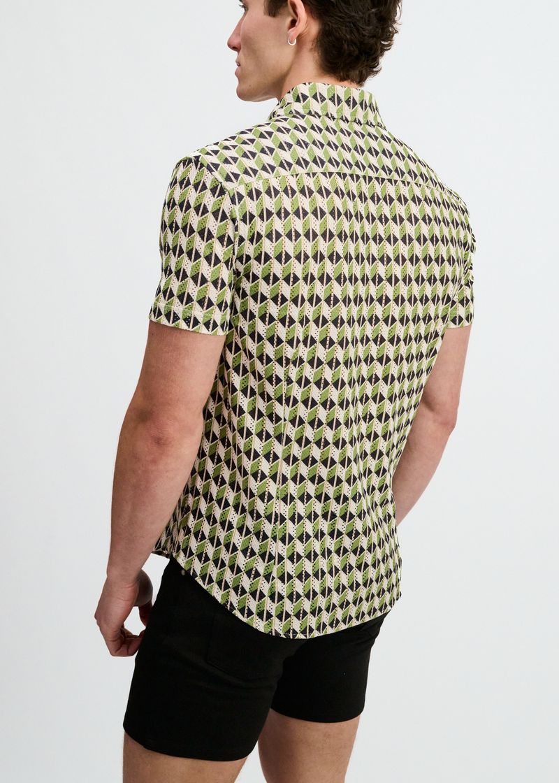 CLOVER/NAVY BOXES PRINTED OPEN KNIT STRETCH SHORT SLEEVE SHIRT ST-48076