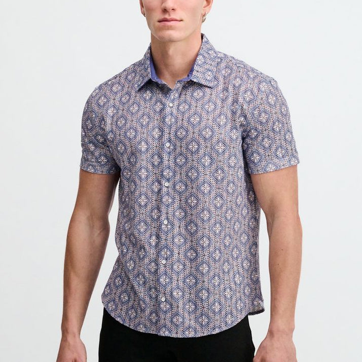 BLUEBERRY/PETAL DIAMONDS PRINTED OPEN KNIT STRETCH SHORT SLEEVE SHIRT ST-48079