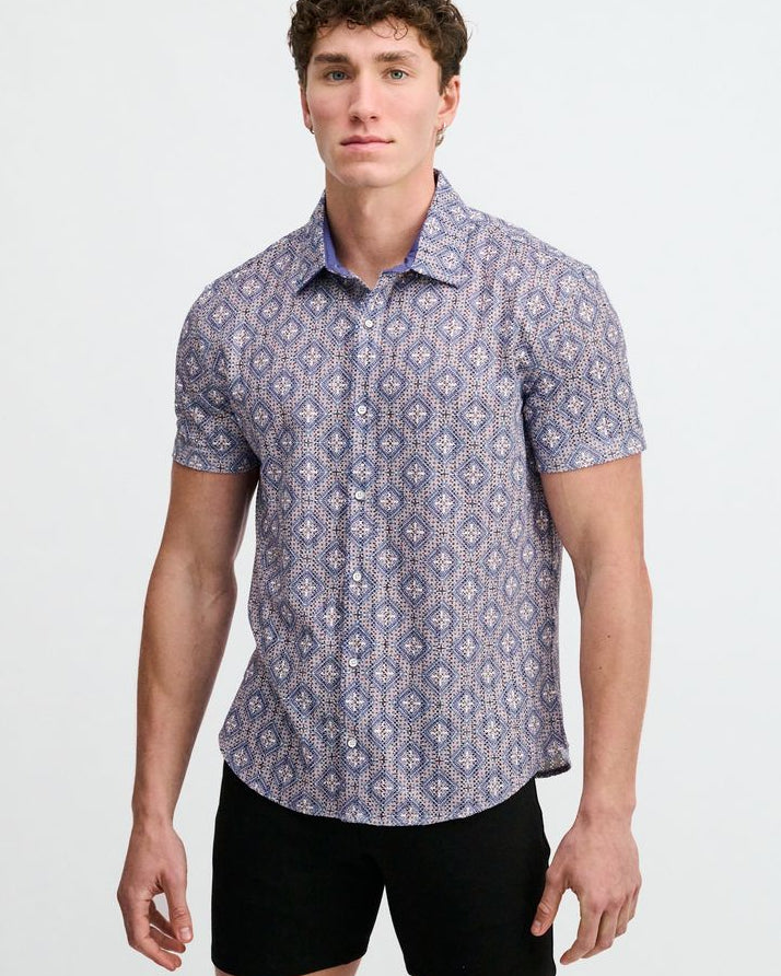 BLUEBERRY/PETAL DIAMONDS PRINTED OPEN KNIT STRETCH SHORT SLEEVE SHIRT ST-48079