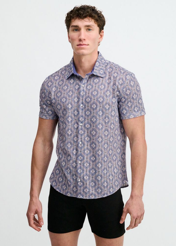 BLUEBERRY/PETAL DIAMONDS PRINTED OPEN KNIT STRETCH SHORT SLEEVE SHIRT ST-48079