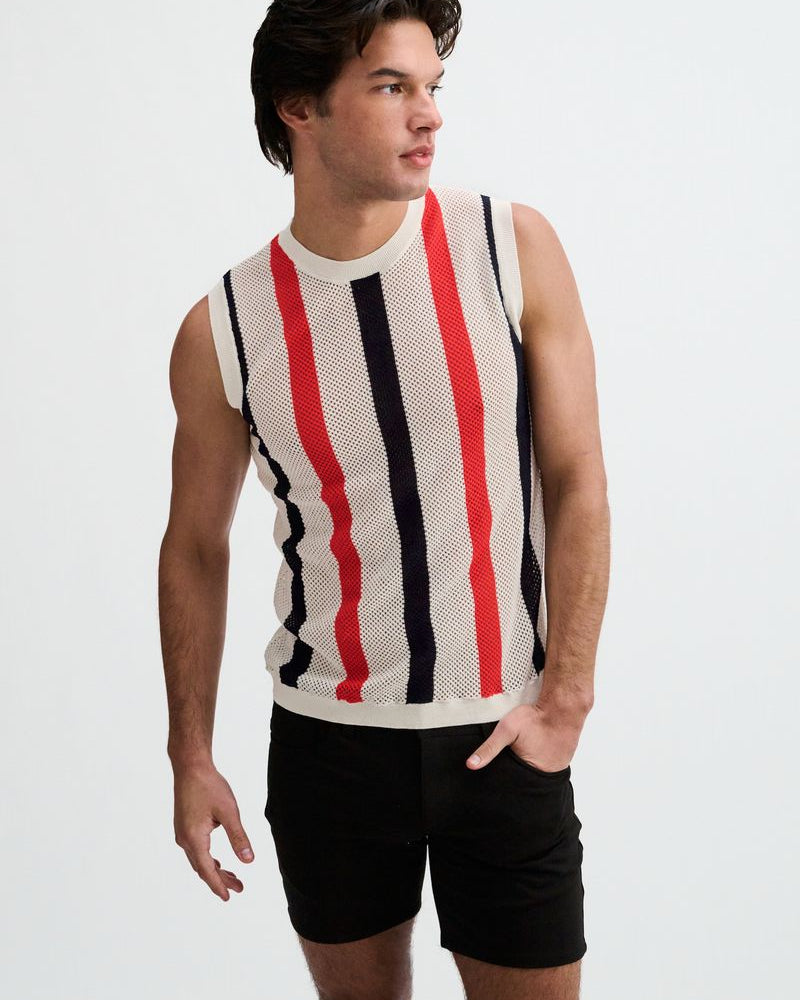 OFF WHITE TEXTURED STRIPE OPEN KNIT VEST ST-24311