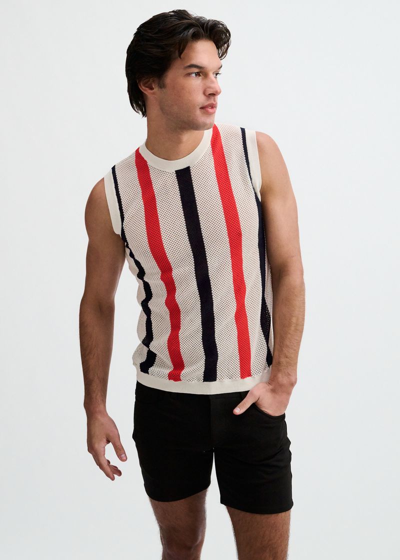 OFF WHITE TEXTURED STRIPE OPEN KNIT VEST ST-24311