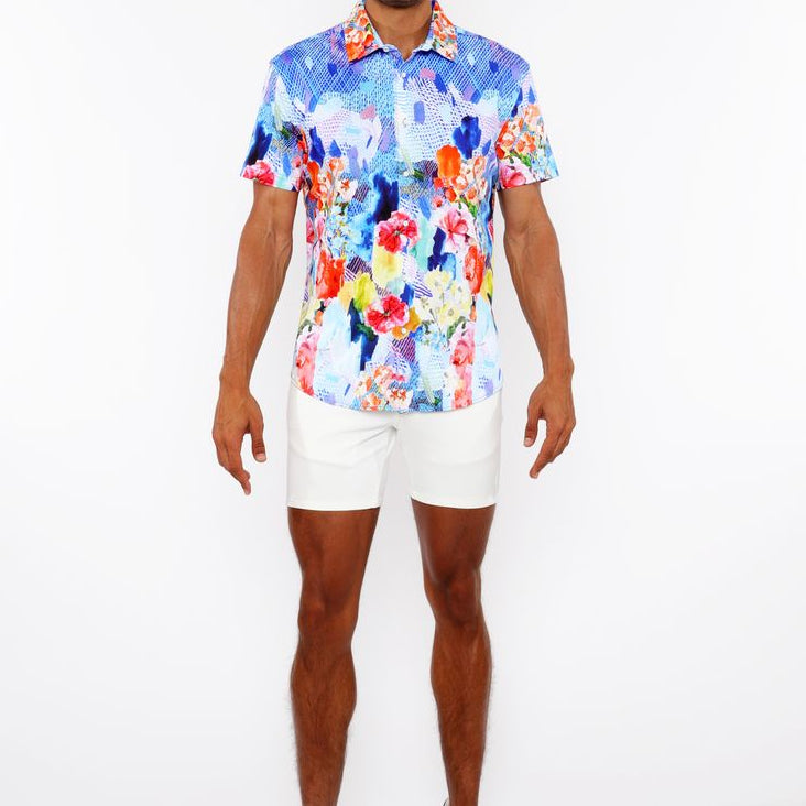 COBALT/MULTI FLORAL ABSTRACT BORDER PRINT COTTON JERSEY KNIT SHORT SLEEVE SHIRT ST-9339