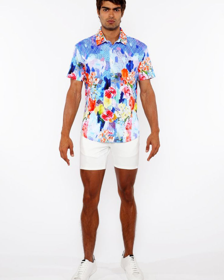 COBALT/MULTI FLORAL ABSTRACT BORDER PRINT COTTON JERSEY KNIT SHORT SLEEVE SHIRT ST-9339