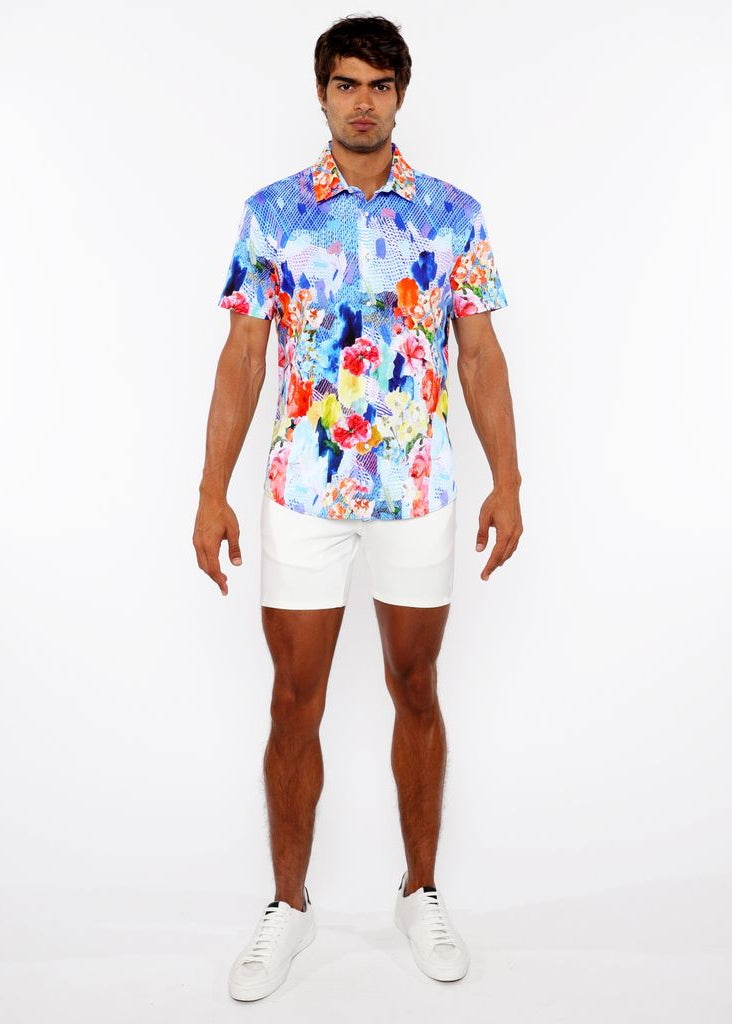 COBALT/MULTI FLORAL ABSTRACT BORDER PRINT COTTON JERSEY KNIT SHORT SLEEVE SHIRT ST-9339