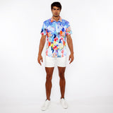 COBALT/MULTI FLORAL ABSTRACT BORDER PRINT COTTON JERSEY KNIT SHORT SLEEVE SHIRT ST-9339