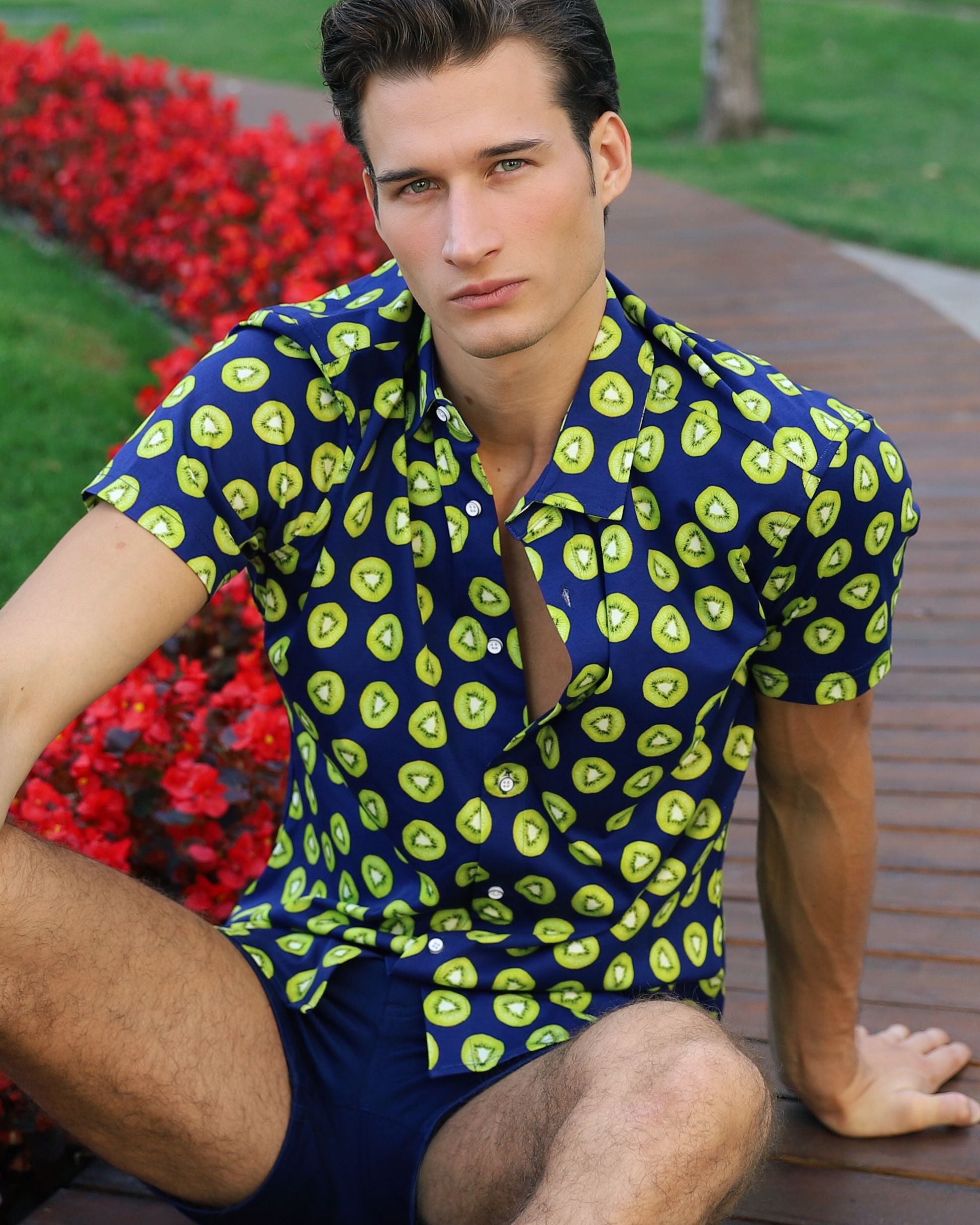 NAVY/KIWI FRUITS PRINTED COTTON KNIT JERSEY SHORT SLEEVE SHIRT ST-9330