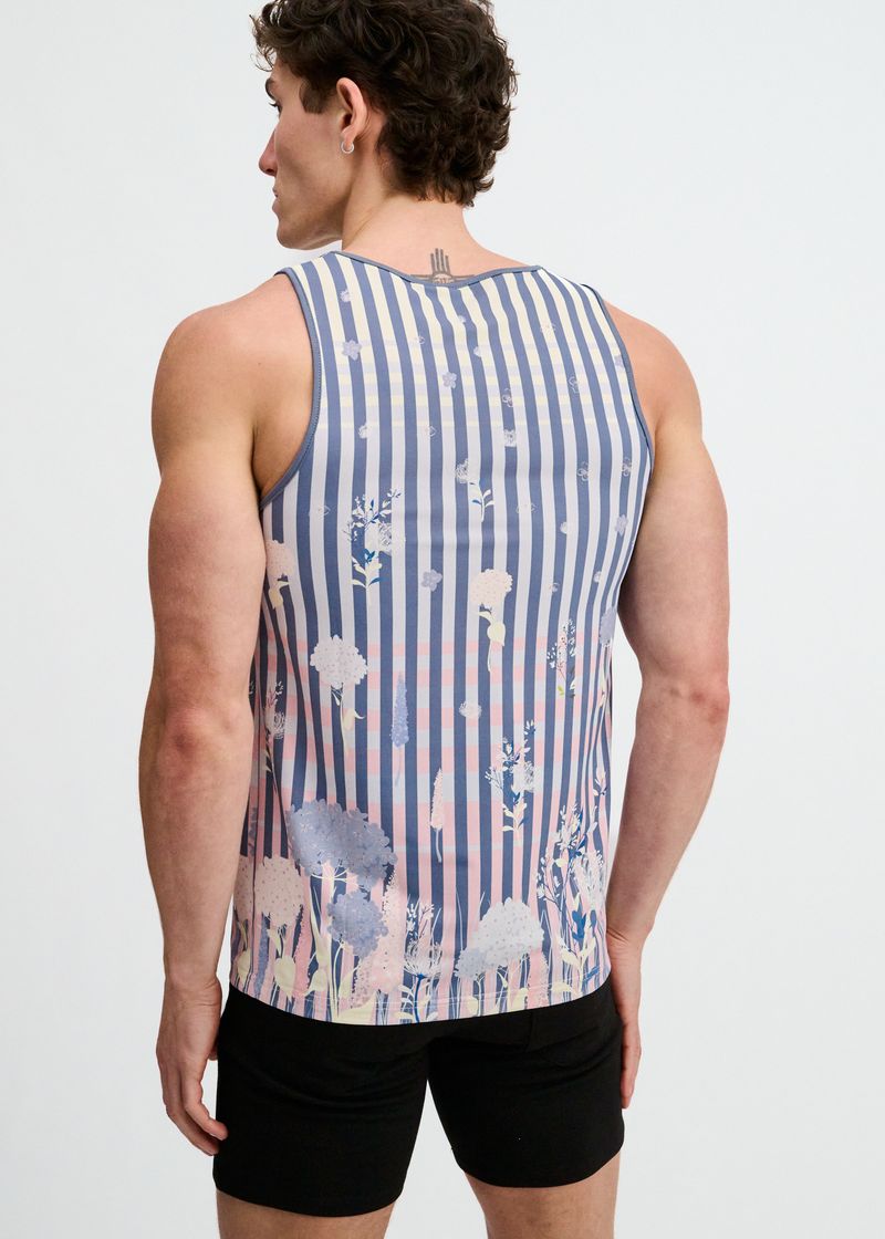 SLATE/BLUSH STRIPES PRINTED STRETCH MESH TANK ST-11149