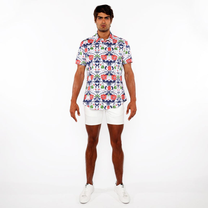 SLATE/SIENNA FLORAL PRINTED COTTON KNIT JERSEY SHORT SLEEVE SHIRT ST-9338