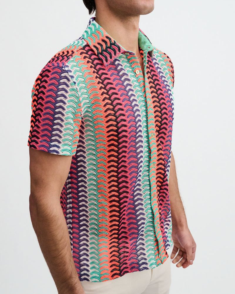 GELATO/FUCHSIA VERTICAL ARROW STRIPE OPEN KNIT SHORT SLEEVE SHIRT ST-24072