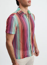 GELATO/FUCHSIA VERTICAL ARROW STRIPE OPEN KNIT SHORT SLEEVE SHIRT ST-24072