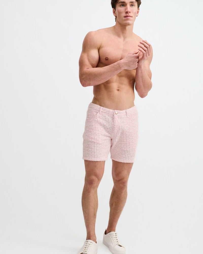 CREPE PINK 5" INSEAM TWEED-LOOK JACQUARD STRETCH KNIT JEANS SHORTS ST-1932-102