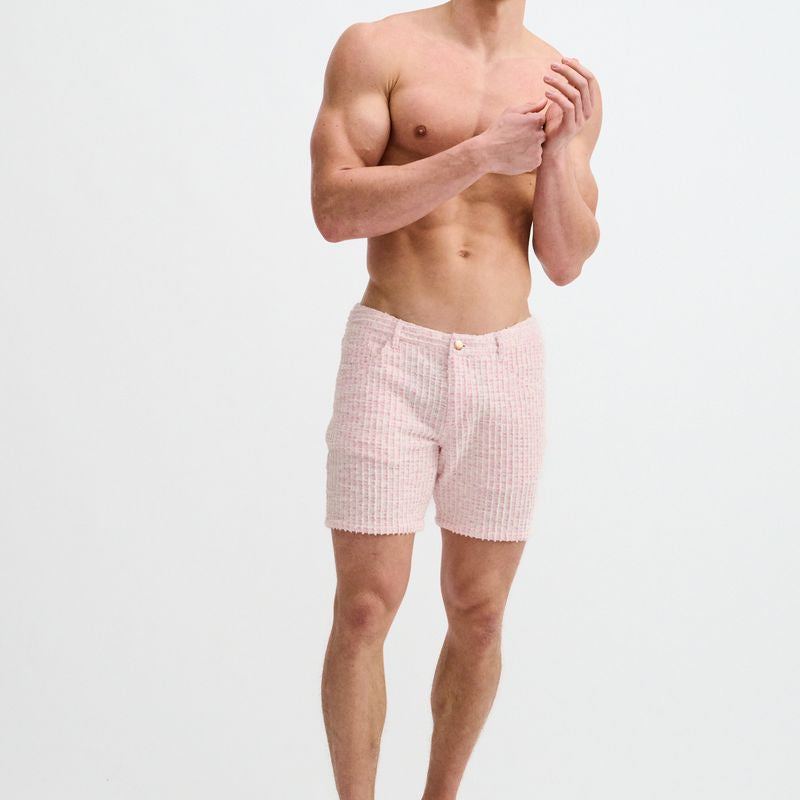 CREPE PINK 5" INSEAM TWEED-LOOK JACQUARD STRETCH KNIT JEANS SHORTS ST-1932-102
