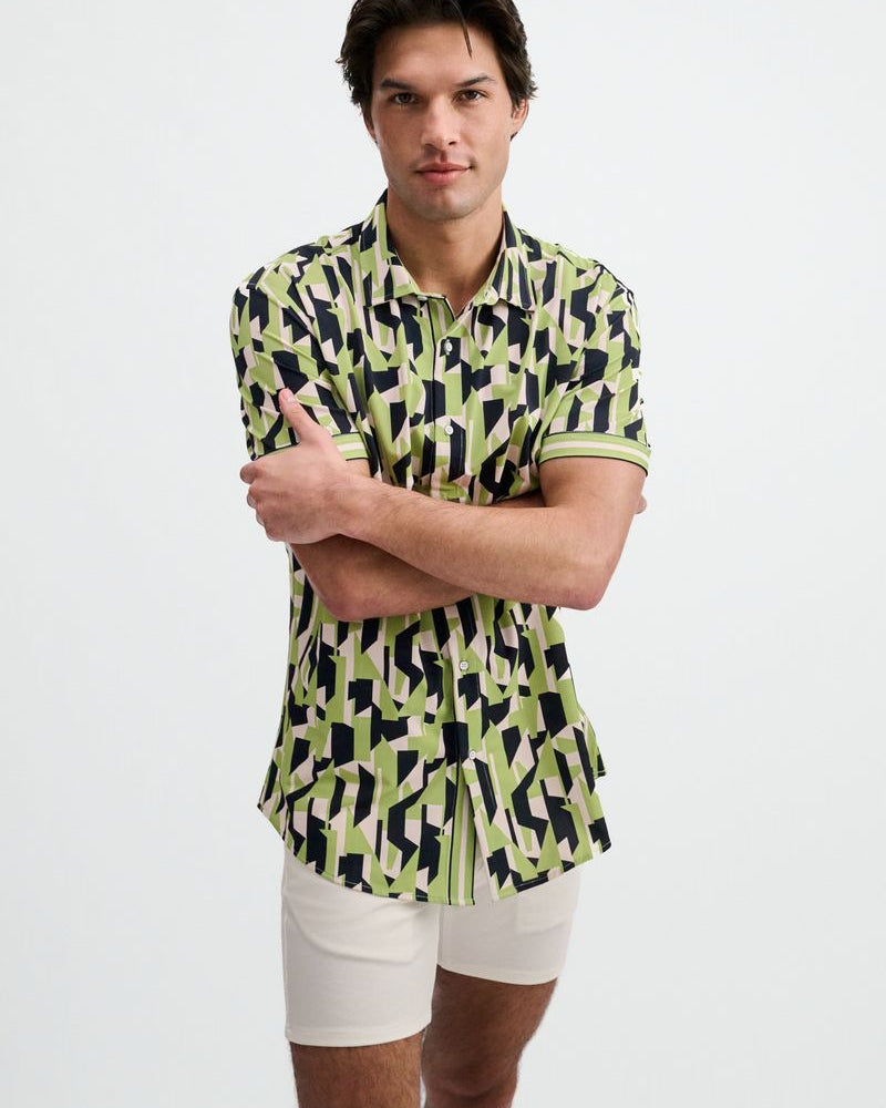 MENTHOL/MIDNIGHT ABSTRACT PRINTED PERFORMANCE STRETCH SHORT SLEEVE SHIRT W/PLACKET DETAIL ST-26026