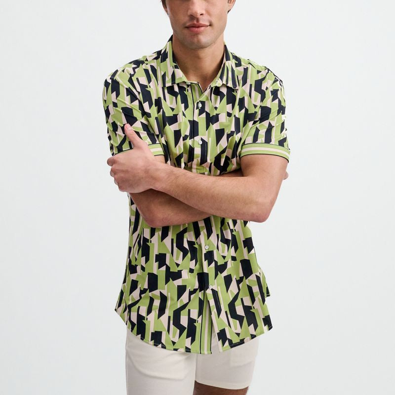 MENTHOL/MIDNIGHT ABSTRACT PRINTED PERFORMANCE STRETCH SHORT SLEEVE SHIRT W/PLACKET DETAIL ST-26026