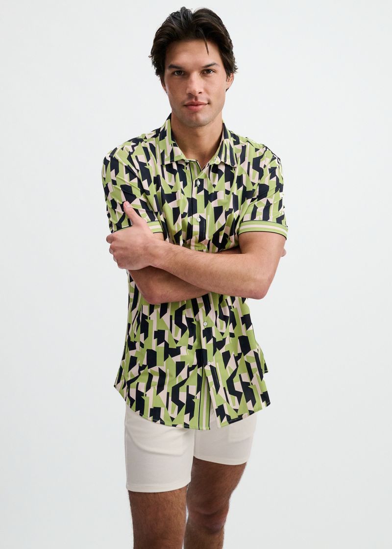 MENTHOL/MIDNIGHT ABSTRACT PRINTED PERFORMANCE STRETCH SHORT SLEEVE SHIRT W/PLACKET DETAIL ST-26026