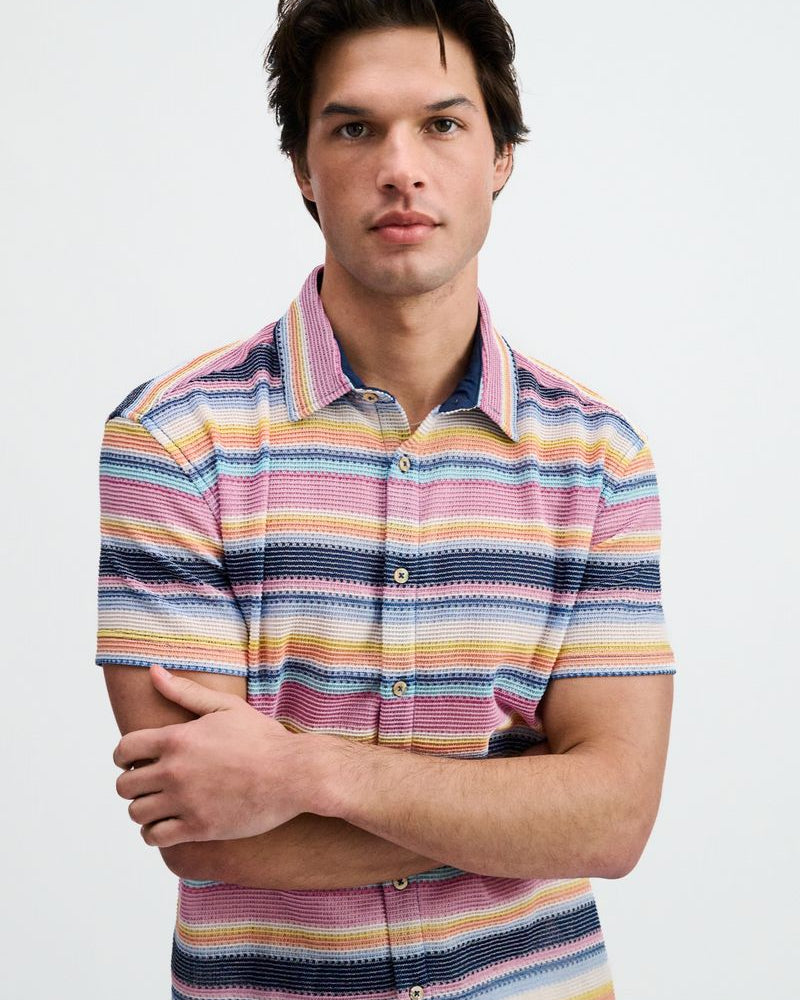 NAVY/PINK ENGINEERED STRIPE OPEN KNIT SHORT SLEEVE SHIRT ST-24075