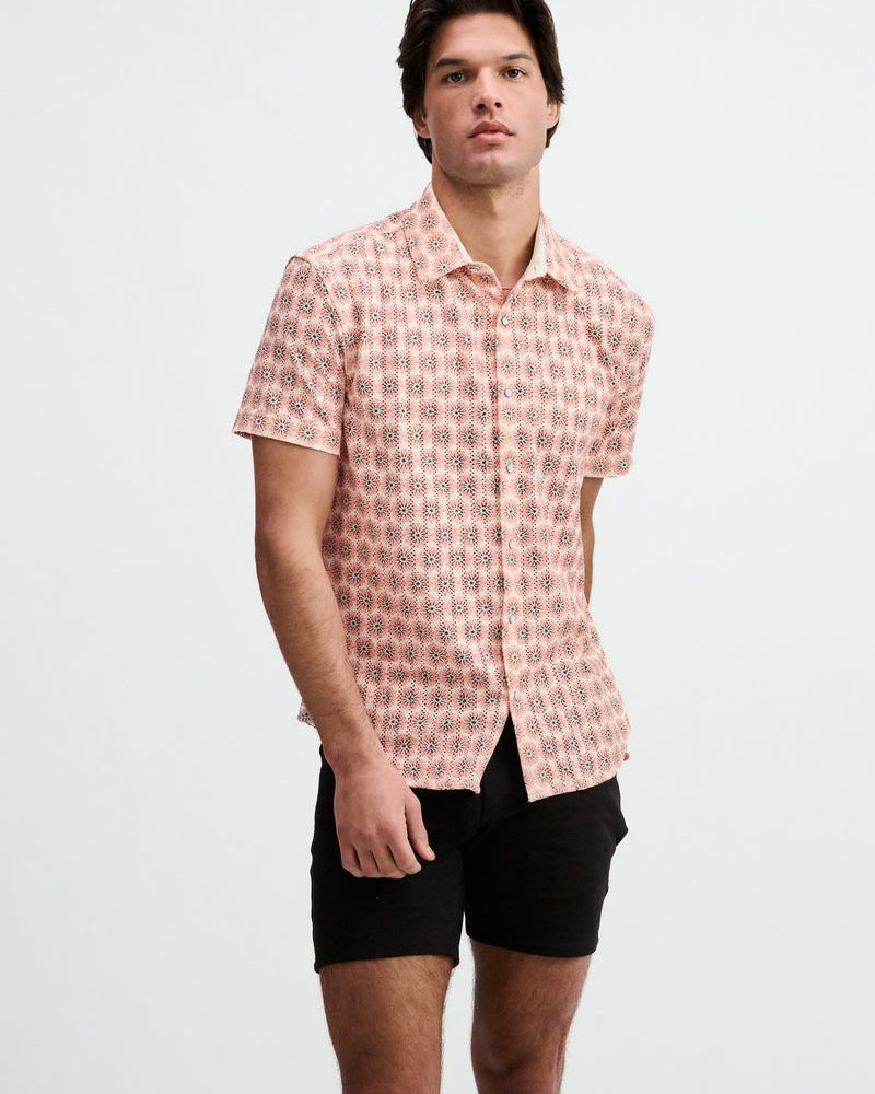 SORBET/CREPE MEDALLIONS PRINTED OPEN KNIT STRETCH SHORT SLEEVE SHIRT ST-48078