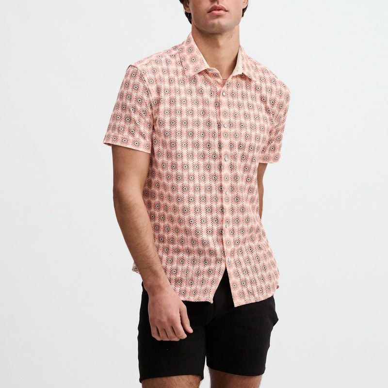 SORBET/CREPE MEDALLIONS PRINTED OPEN KNIT STRETCH SHORT SLEEVE SHIRT ST-48078