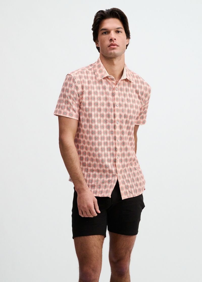 SORBET/CREPE MEDALLIONS PRINTED OPEN KNIT STRETCH SHORT SLEEVE SHIRT ST-48078