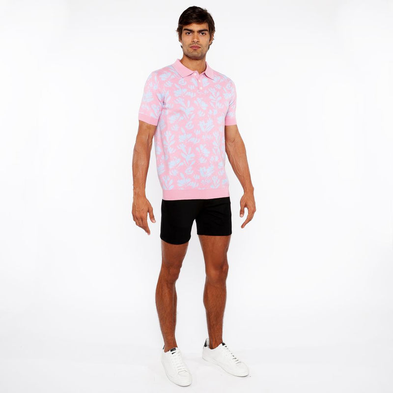 PINK/SKY LEAVES JACQUARD KNIT 3-BUTTON POLO ST-24305