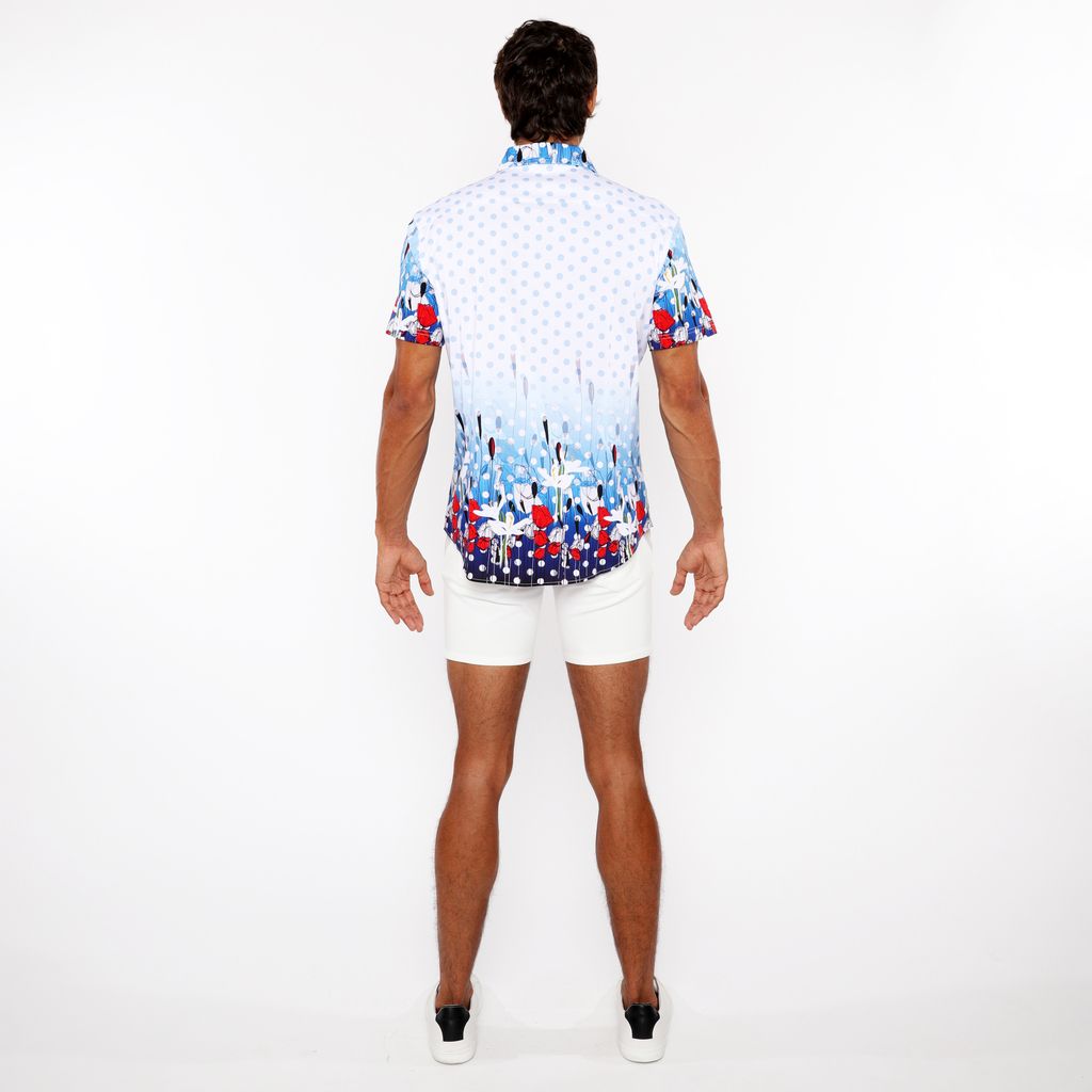 CLOUD/NAVY DOTS BORDER PRINT COTTON JERSEY KNIT SHORT SLEEVE SHIRT ST-9344