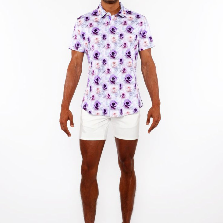 PURPLE/JADE ROSES 3D PRINT COTTON JERSEY KNIT SHORT SLEEVE SHIRT W/CONTRAST STRIPE PLACKET ST-9325