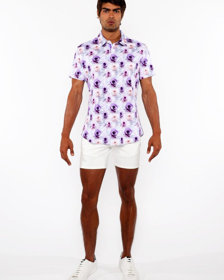 PURPLE/JADE ROSES 3D PRINT COTTON JERSEY KNIT SHORT SLEEVE SHIRT W/CONTRAST STRIPE PLACKET ST-9325