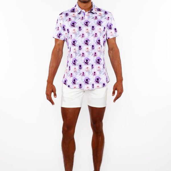 PURPLE/JADE ROSES 3D PRINT COTTON JERSEY KNIT SHORT SLEEVE SHIRT W/CON