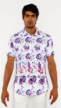 Man wearing a floral short-sleeve shirt on a white background