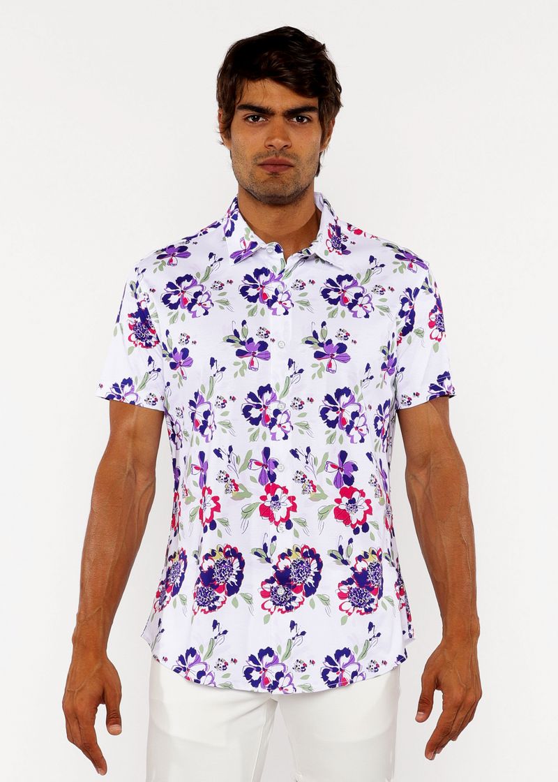 Man wearing a floral short-sleeve shirt on a white background
