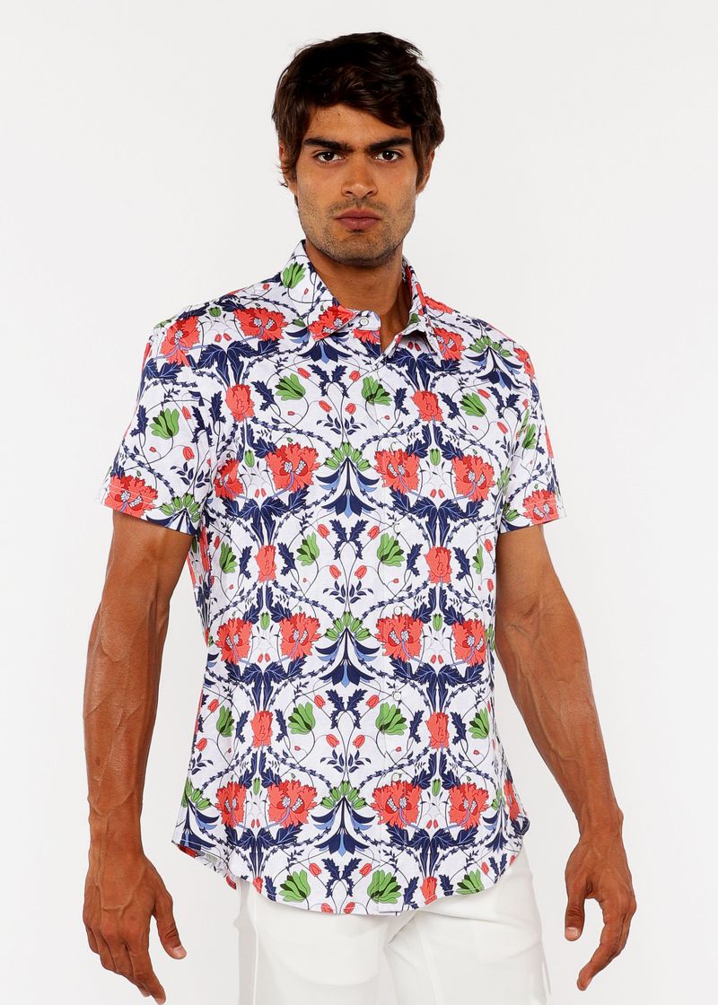 SLATE/SIENNA FLORAL PRINTED COTTON KNIT JERSEY SHORT SLEEVE SHIRT ST-9338