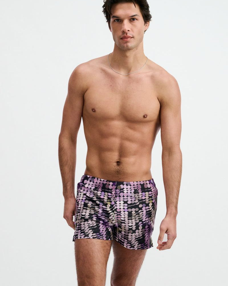 PURPLE/ALOE WAVES PRINTED SWIM SHORTS W/MESH BRIEF LINING ST-8024-14