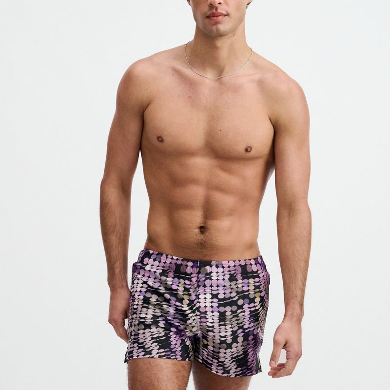 PURPLE/ALOE WAVES PRINTED SWIM SHORTS W/MESH BRIEF LINING ST-8024-14