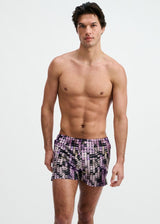 PURPLE/ALOE WAVES PRINTED SWIM SHORTS W/MESH BRIEF LINING ST-8024-14