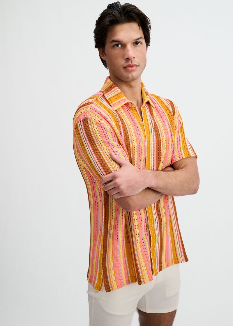 SORBET/CORAL VERTICAL STRIPE OPEN KNIT SHORT SLEEVE SHIRT ST-24073
