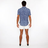 FRENCH BLUE SQUIGGLY PRINTED OPEN KNIT STRETCH SHORT SLEEVE SHIRT ST-48070
