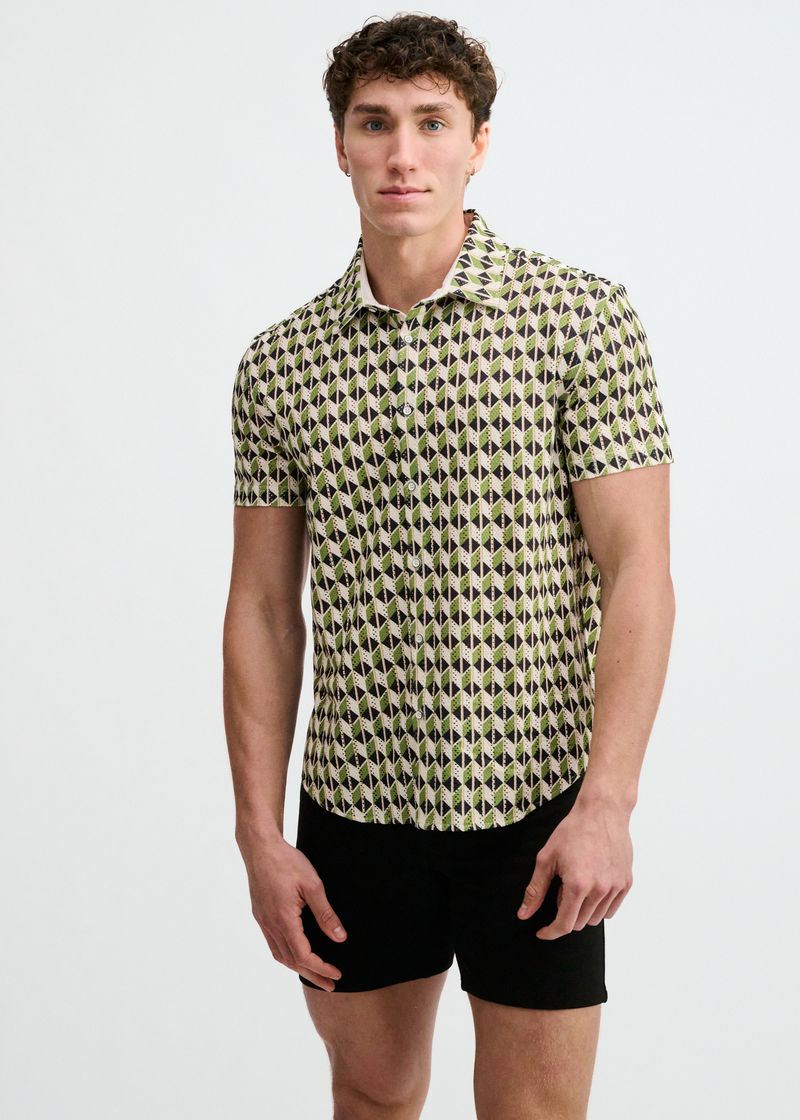 CLOVER/NAVY BOXES PRINTED OPEN KNIT STRETCH SHORT SLEEVE SHIRT ST-48076