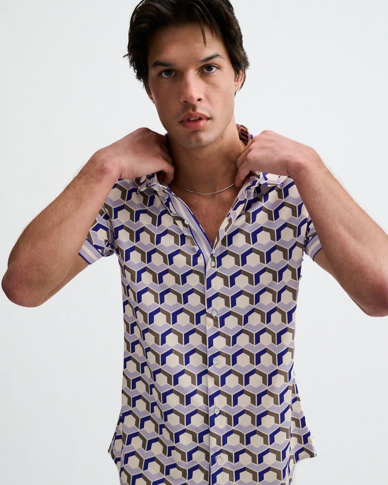 BLUEBERRY/THISTLE HEX PRINTED PERFORMANCE STRETCH SHORT SLEEVE SHIRT W/PLACKET DETAIL ST-26029