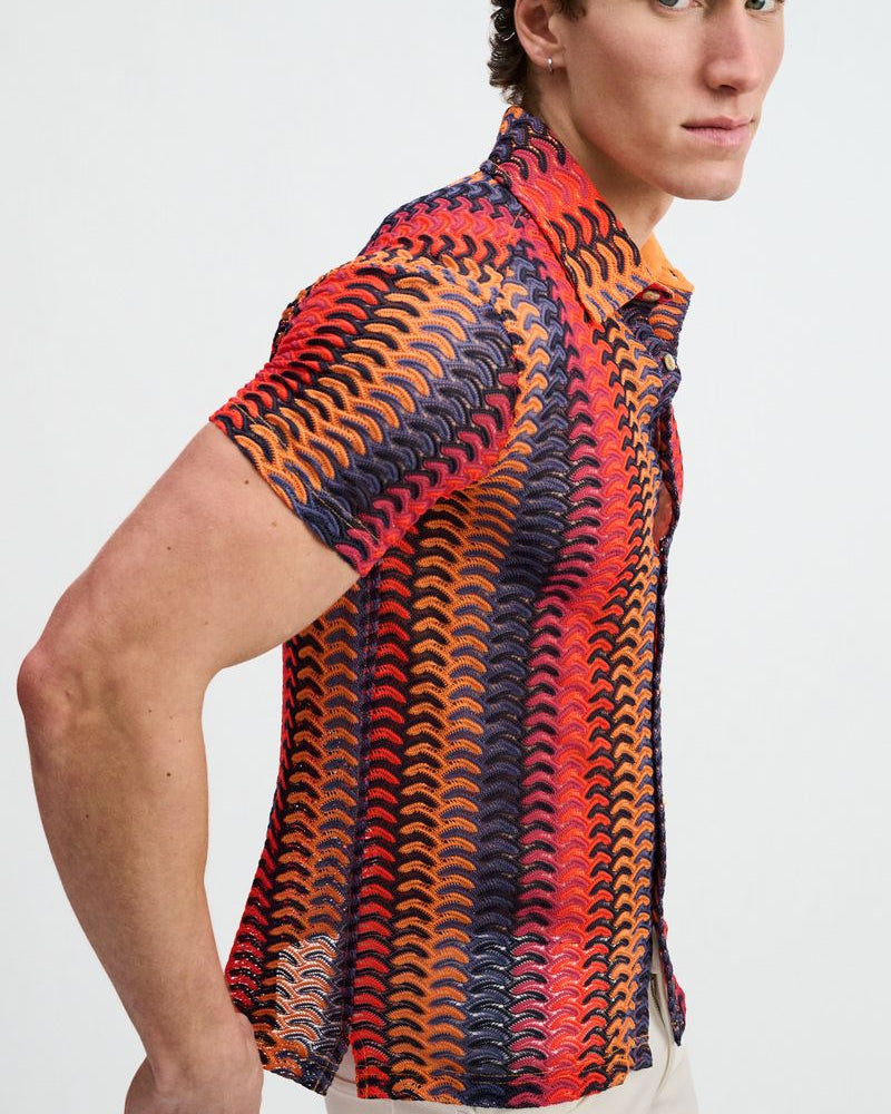 NAVY/RED VERTICAL ARROW STRIPE OPEN KNIT SHORT SLEEVE SHIRT ST-24072