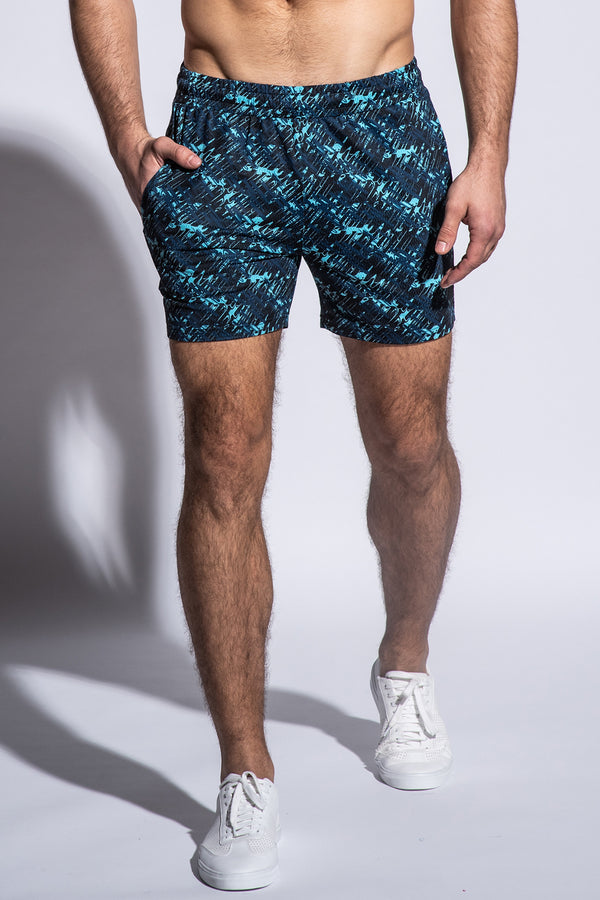 TEAL-NAVY ABSTRACT 6" STRETCH MESH PERFORMANCE SHORTS ST-1466-31 Final Sale