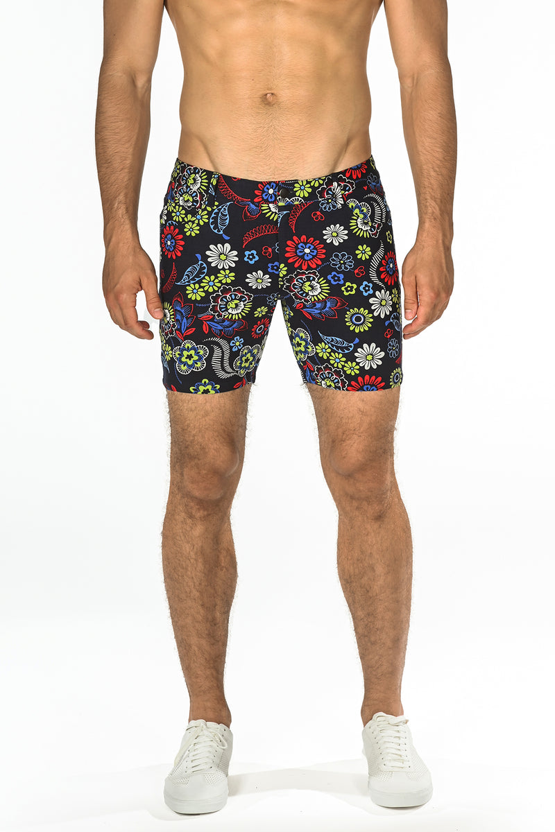 BLUE FLORAL 5" STRETCH KNIT JEANS SHORTS