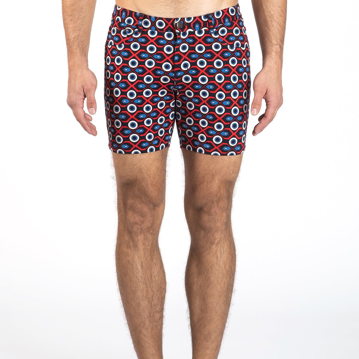 ROYAL/RED GEO CIRCLES 5" STRETCH KNIT JEANS SHORTS Final Sale