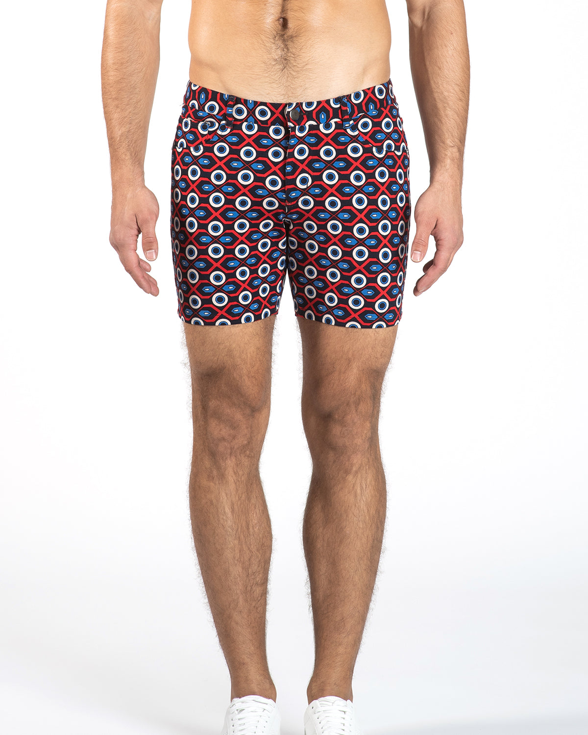 ROYAL/RED GEO CIRCLES 5" STRETCH KNIT JEANS SHORTS Final Sale